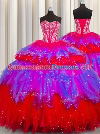 Popular Bling-bling Visible Boning Multi-color Sleeveless Tulle Lace Up Vestidos de Quinceanera for Military Ball and Sweet 16 and Quinceanera