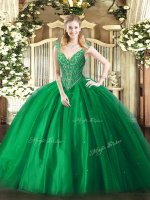 High Quality Tulle V-neck Sleeveless Lace Up Beading Quinceanera Dress in Green