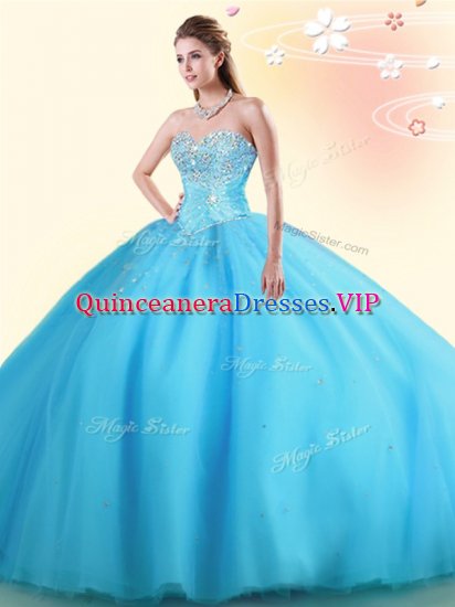Fantastic Baby Blue Ball Gown Prom Dress Military Ball and Sweet 16 and Quinceanera with Beading Sweetheart Sleeveless Lace Up - Click Image to Close