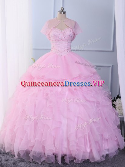 Extravagant Floor Length Pink Ball Gown Prom Dress Organza Sleeveless Beading and Ruffles - Click Image to Close
