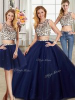 Pretty Three Piece Scoop Beading Quinceanera Gown Navy Blue Backless Cap Sleeves With Brush Train