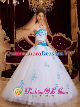 A-line Sweetheart Aqua and White Quinceanera Dress With Appliques Tulle In South Carolina In Aloha Oregon/OR