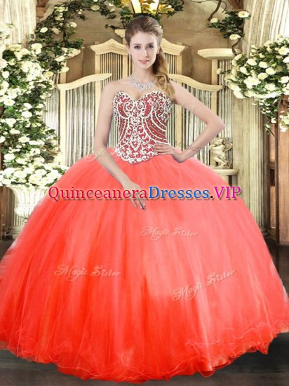 Cheap Sleeveless Tulle Floor Length Lace Up Ball Gown Prom Dress in Coral Red with Beading - Click Image to Close