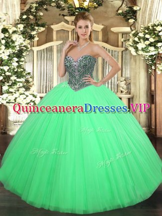 Tulle Sweetheart Sleeveless Lace Up Beading Quince Ball Gowns in Green