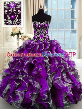Floor Length Lace Up Quinceanera Dresses Multi-color for Military Ball and Sweet 16 and Quinceanera with Beading and Appliques