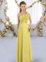 Sleeveless Chiffon Floor Length Lace Up Quinceanera Court of Honor Dress in Yellow Green with Hand Made Flower