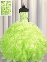 New Style Visible Boning Yellow Green Ball Gowns Beading and Ruffles 15th Birthday Dress Lace Up Organza Sleeveless Floor Length