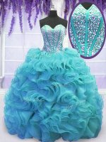 Eye-catching Aqua Blue 15th Birthday Dress Military Ball and Sweet 16 and Quinceanera with Beading and Ruffles Sweetheart Sleeveless Sweep Train Lace Up