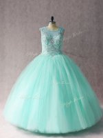 Apple Green Sleeveless Floor Length Beading Lace Up Quinceanera Gown