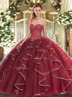 Burgundy Sweetheart Lace Up Beading and Ruffles Sweet 16 Dresses Sleeveless