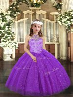 Pretty Ball Gowns Child Pageant Dress Purple Halter Top Tulle Sleeveless Floor Length Lace Up