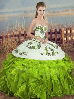 Decent Sleeveless Organza Floor Length Lace Up Sweet 16 Dresses in Olive Green with Embroidery and Ruffles and Bowknot