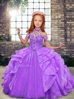 Lavender Lace Up Pageant Dress for Womens Beading and Ruffles Sleeveless Floor Length