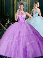 Colorful Halter Top Floor Length Lace Up Sweet 16 Dresses Lavender for Military Ball and Sweet 16 and Quinceanera with Beading and Lace and Ruffles