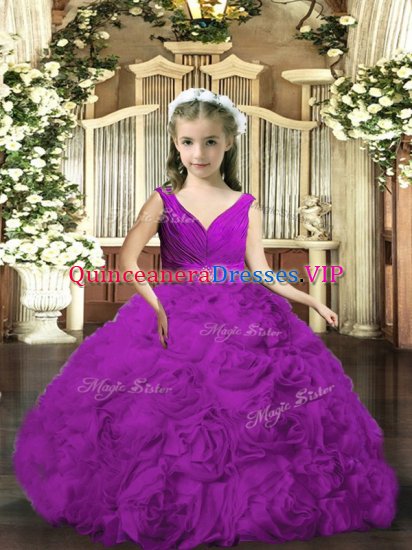 Dazzling Purple Backless V-neck Beading and Ruching Little Girls Pageant Dress Fabric With Rolling Flowers Sleeveless - Click Image to Close