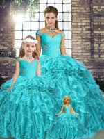 Brush Train Ball Gowns Quince Ball Gowns Aqua Blue Off The Shoulder Organza Sleeveless Lace Up