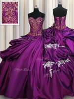 Romantic Taffeta Sweetheart Sleeveless Lace Up Beading and Appliques 15th Birthday Dress in Purple