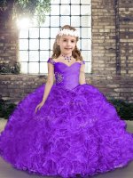 Dramatic Purple Ball Gowns Beading Pageant Gowns Lace Up Fabric With Rolling Flowers Sleeveless Floor Length