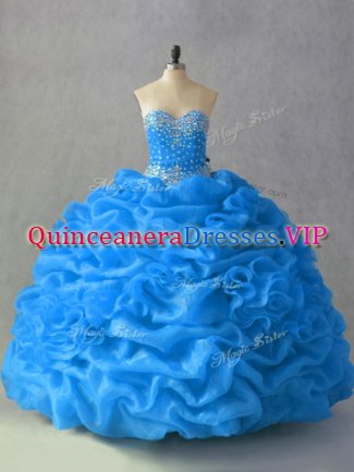 Discount Blue Ball Gowns Sweetheart Sleeveless Organza Floor Length Lace Up Beading and Pick Ups and Hand Made Flower Sweet 16 Quinceanera Dress