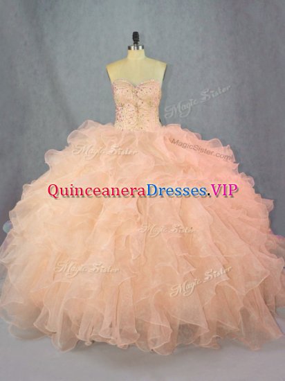 Peach Sweetheart Neckline Beading and Ruffles Quinceanera Gown Sleeveless Lace Up - Click Image to Close