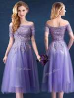 Spectacular Off the Shoulder Tulle Short Sleeves Tea Length Quinceanera Court of Honor Dress and Beading and Lace