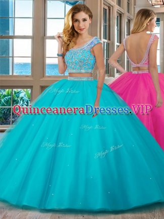 Modest Scoop Cap Sleeves Floor Length Backless Quinceanera Gown Aqua Blue for Military Ball and Sweet 16 and Quinceanera with Beading and Ruffles