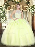 Yellow Green Tulle Zipper Scoop Sleeveless Floor Length Quince Ball Gowns Lace