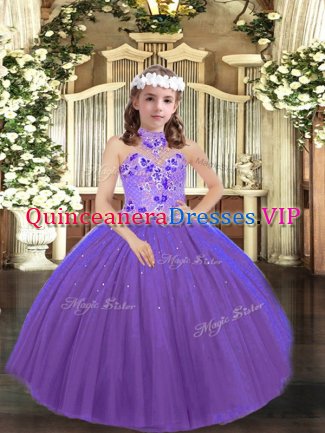 Floor Length Lace Up Little Girls Pageant Gowns Purple for Party and Sweet 16 and Wedding Party with Appliques