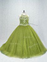 Lace Up Quince Ball Gowns Olive Green for Sweet 16 and Quinceanera with Beading Brush Train