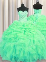 Custom Fit Green Vestidos de Quinceanera Military Ball and Sweet 16 and Quinceanera with Beading and Ruffles and Pick Ups Sweetheart Sleeveless Lace Up