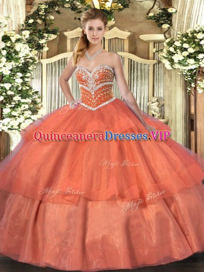 Suitable Floor Length Orange Red Sweet 16 Dress Sweetheart Sleeveless Lace Up - Click Image to Close