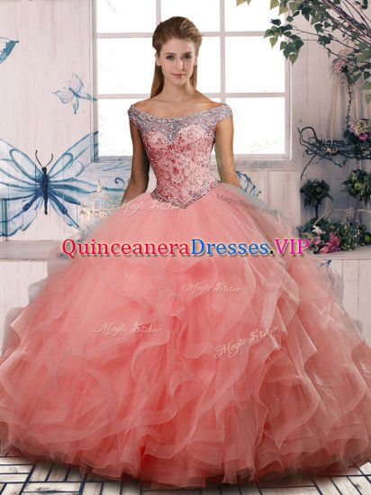 Watermelon Red Sleeveless Floor Length Beading Lace Up 15 Quinceanera Dress - Click Image to Close