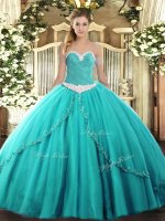 Spectacular Sleeveless Appliques Lace Up Quince Ball Gowns with Turquoise Brush Train