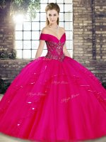 Comfortable Fuchsia Off The Shoulder Lace Up Beading and Ruffles Quinceanera Gowns Sleeveless