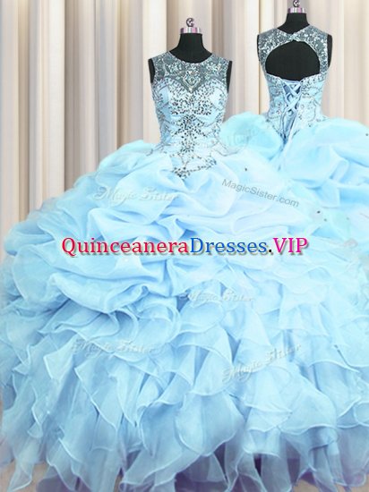 See Through Ball Gowns Quinceanera Dress Light Blue Scoop Organza Sleeveless Floor Length Lace Up - Click Image to Close