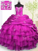 Fuchsia Strapless Neckline Beading and Appliques and Ruffled Layers and Pick Ups Quinceanera Dresses Sleeveless Lace Up