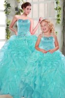 Turquoise Lace Up Sweetheart Beading and Ruffles Sweet 16 Quinceanera Dress Organza Sleeveless