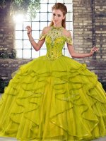 Custom Designed Floor Length Lace Up Quinceanera Dress Olive Green for Military Ball and Sweet 16 and Quinceanera with Beading and Ruffles