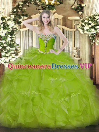 High End Olive Green Lace Up Quinceanera Dress Beading and Ruffles Sleeveless Floor Length