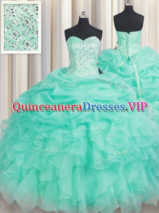 Apple Green Sweetheart Neckline Beading and Ruffles and Pick Ups Ball Gown Prom Dress Sleeveless Lace Up