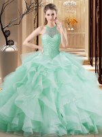 Hot Sale Apple Green Ball Gowns Halter Top Sleeveless Organza Brush Train Lace Up Beading and Ruffles Sweet 16 Dresses(SKU SJQDDT2080002-8BIZ)