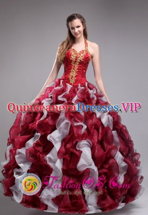 Westcliffe CO Colorful Halter Top Appliques Decorate Ruffles Layed For Modest Quinceanera Dress Custom Made