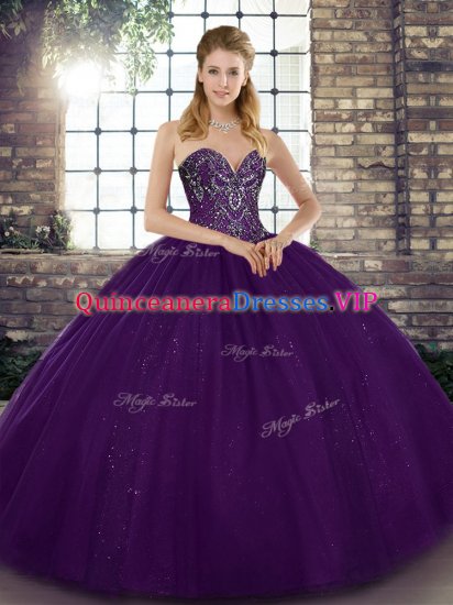Purple Lace Up Sweetheart Beading Ball Gown Prom Dress Tulle Sleeveless - Click Image to Close
