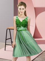 Green Empire Appliques Quinceanera Dama Dress Lace Up Tulle Sleeveless Knee Length