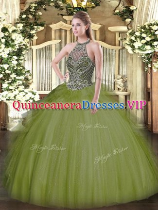 Halter Top Sleeveless Lace Up Vestidos de Quinceanera Olive Green Tulle