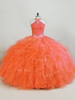 Attractive Halter Top Sleeveless Lace Up Quinceanera Dress Orange Tulle
