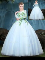 Scoop Light Blue Long Sleeves Floor Length Appliques Lace Up Sweet 16 Quinceanera Dress