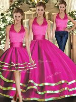 Suitable Floor Length Lace Up 15th Birthday Dress Fuchsia for Sweet 16 and Quinceanera with Ruffled Layers