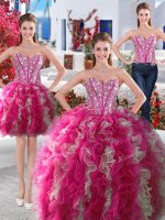 Most Popular Three Piece Floor Length Lace Up Sweet 16 Dress White and Hot Pink for Military Ball and Sweet 16 and Quinceanera with Beading