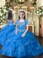 Floor Length Lace Up Little Girls Pageant Gowns Blue for Military Ball and Wedding Party with Beading and Ruffles(SKU PAG1073BIZ)